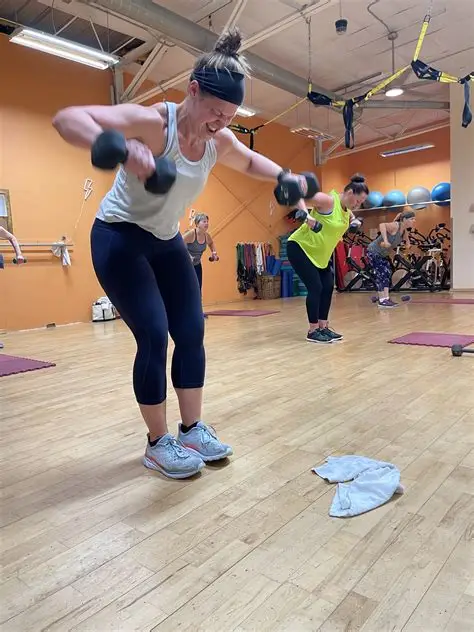 High-energy group strength class at Sara's Health and Fitness
