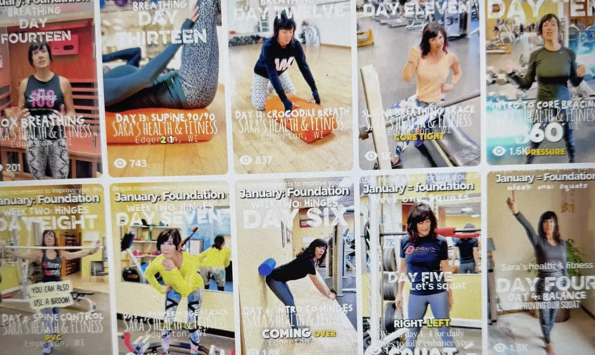 A grid of Sara's Foundation videos on Facebook &mdash; Day 4 through Day 14, covering squats, hinges, breathing, and core bracing.