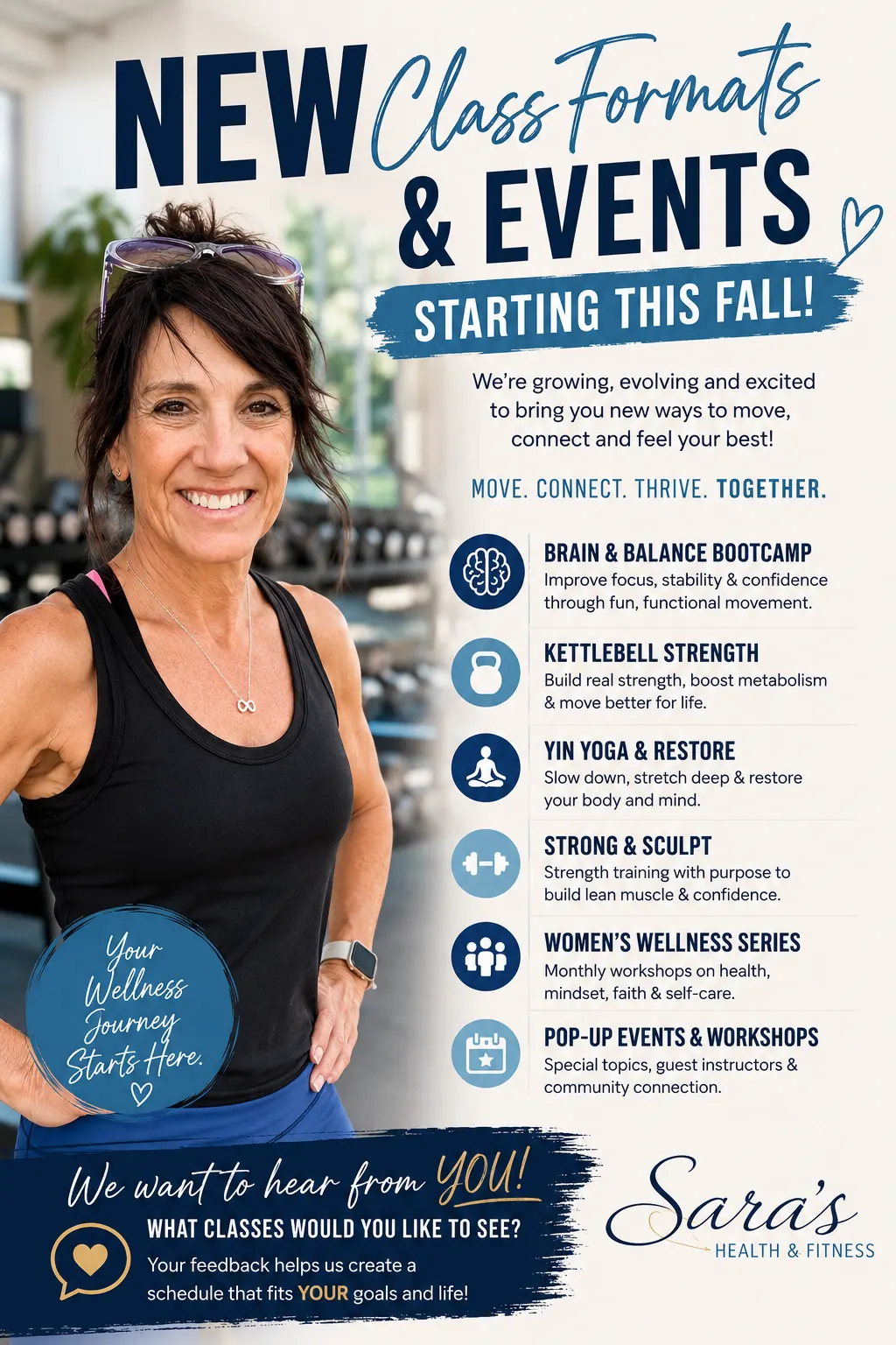 New Class Formats and Events flyer &mdash; Brain and Balance Bootcamp, Kettlebell Strength, Yin Yoga and Restore, Strong and Sculpt, a Women's Wellness Series, and pop-up events and workshops.
