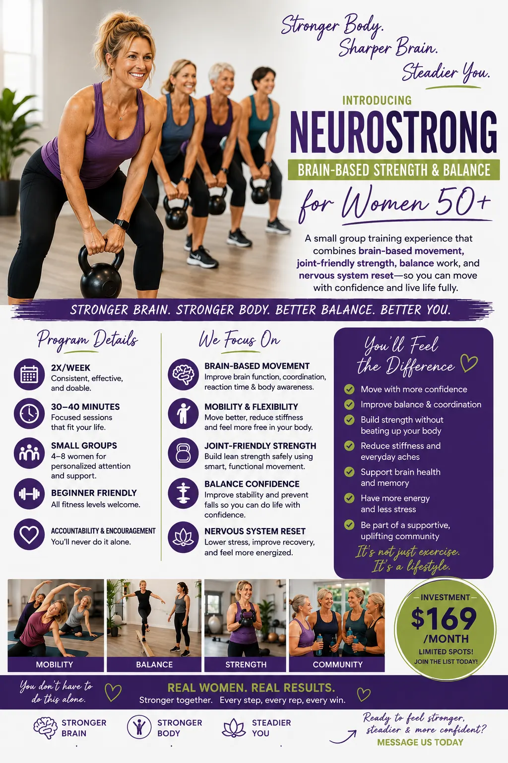 NeuroStrong flyer &mdash; brain-based strength and balance training for women 50 and over, in small groups of four to eight, twice a week, 30 to 40 minutes a session.