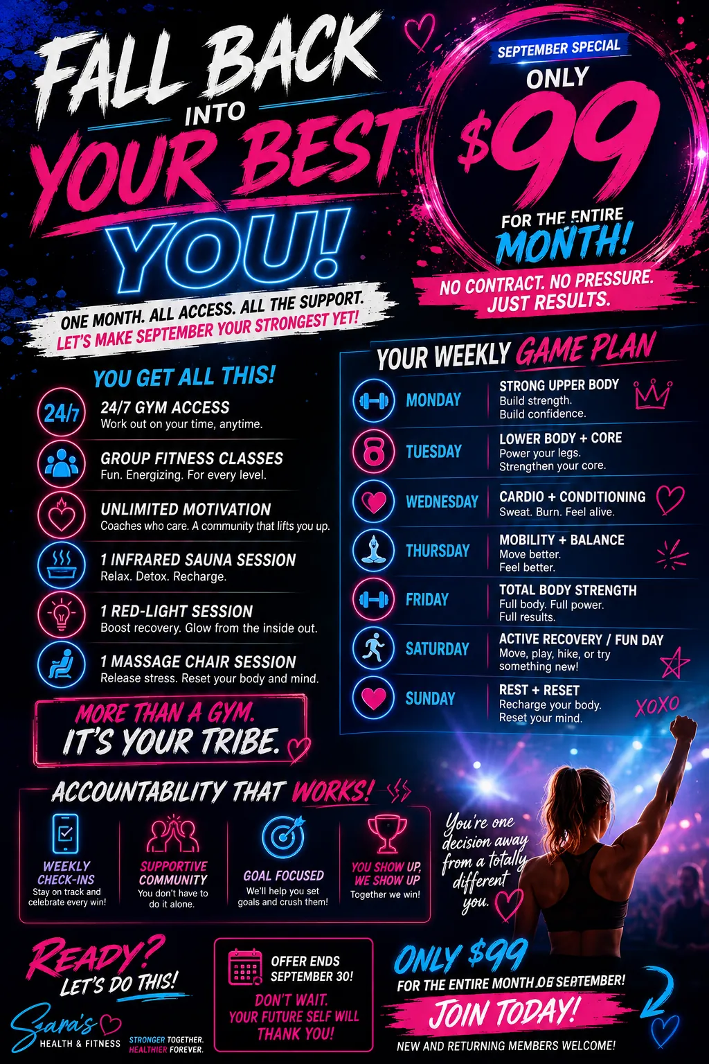 September Special flyer &mdash; Fall Back Into Your Best You. Ninety-nine dollars for the entire month of September with no contract, including 24/7 gym access, group fitness classes, one infrared sauna session, one red light session, one massage chair session, and a suggested weekly workout plan.